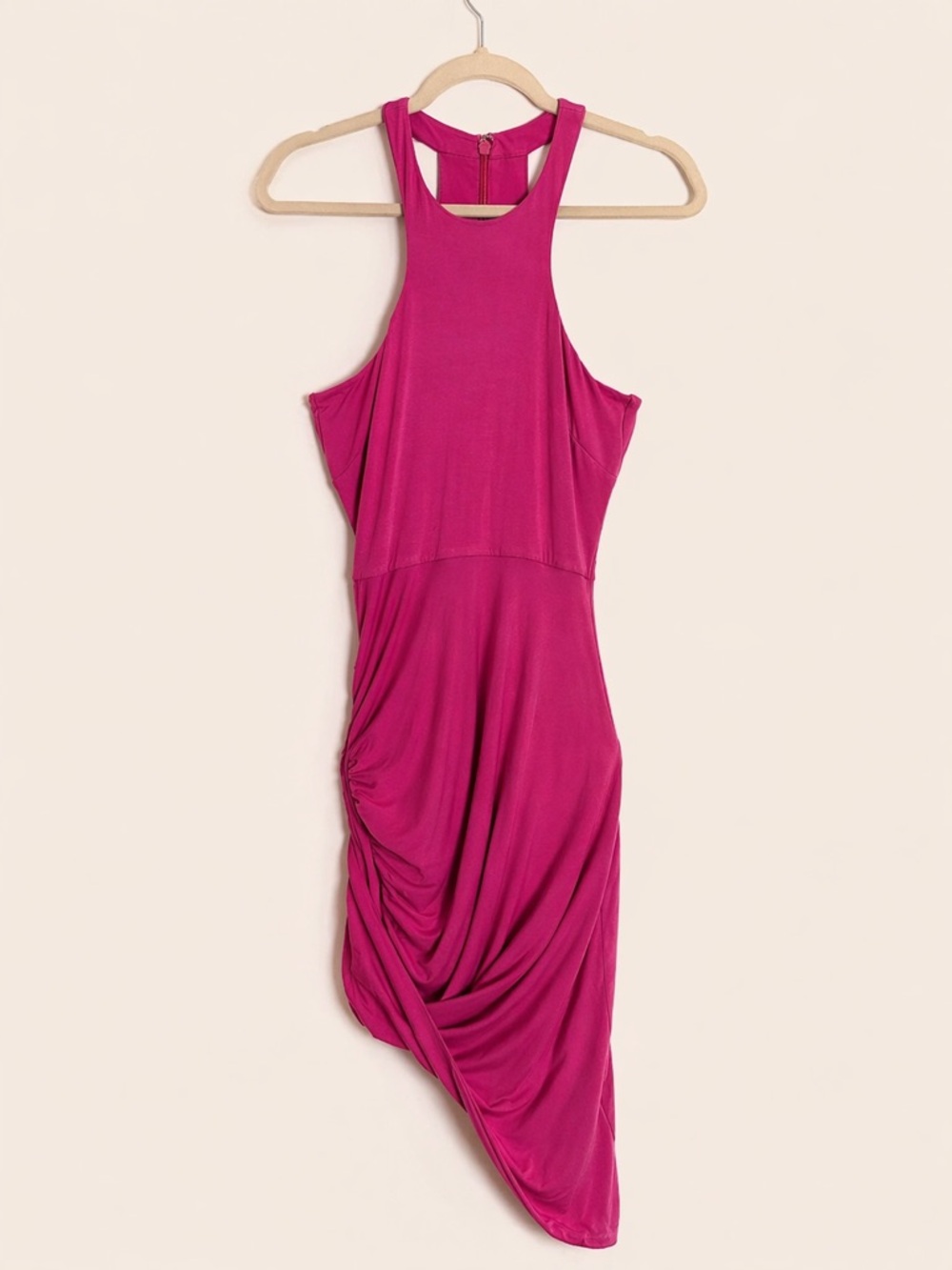Bebe Hot Pink Asymmetrical Bodycon Dress โ XS โ Racerback Zip Ruched Midi